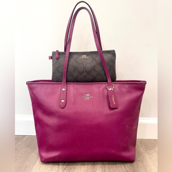 COACH✨Dahlia Purple & Gold Cross Grain Leather City Zip Tote & Wallet - Picture 1 of 16